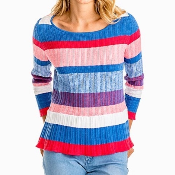 - NWT Southern Tide Rose Blue White Rosalie Peplum Wide Stripe Ribbed Sweater - Picture 1 of 9